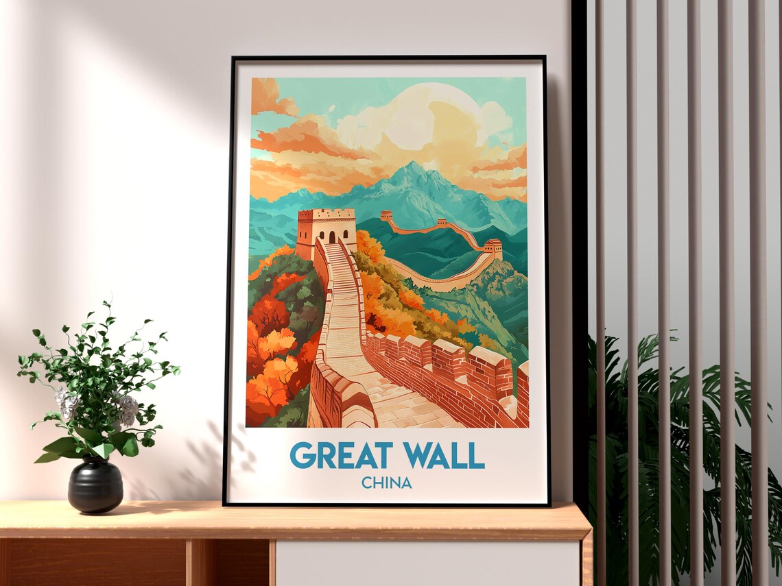 Great Wall of China Winding Mountain Ridge Autumn Sunset Travel Poster