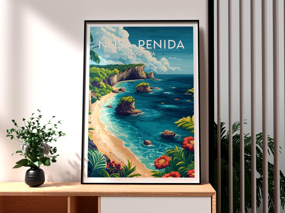 Nusa Penida Indonesia Dramatic Cliffs Beach Cove Travel Poster