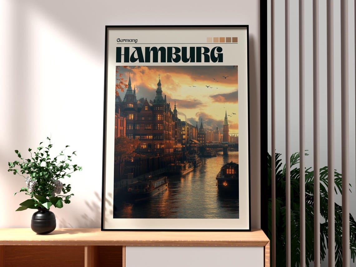 Hamburg Germany Harbor Sunset Historic Canal Boats River Poster