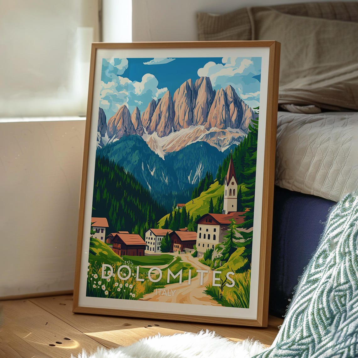 Dolomites Italy Alpine Peaks Village and Church Sunset Poster - Image 3