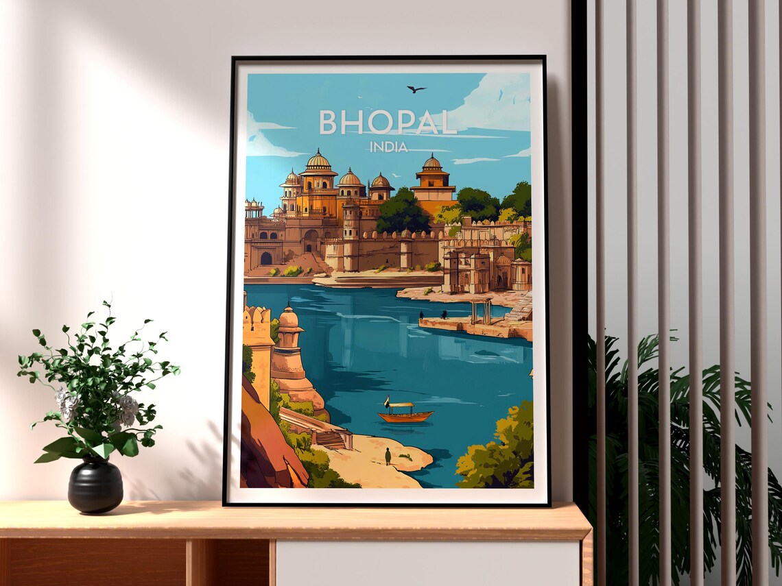 Bhopal India Lakeside Palace Royal Domes Serene Boat Travel Poster