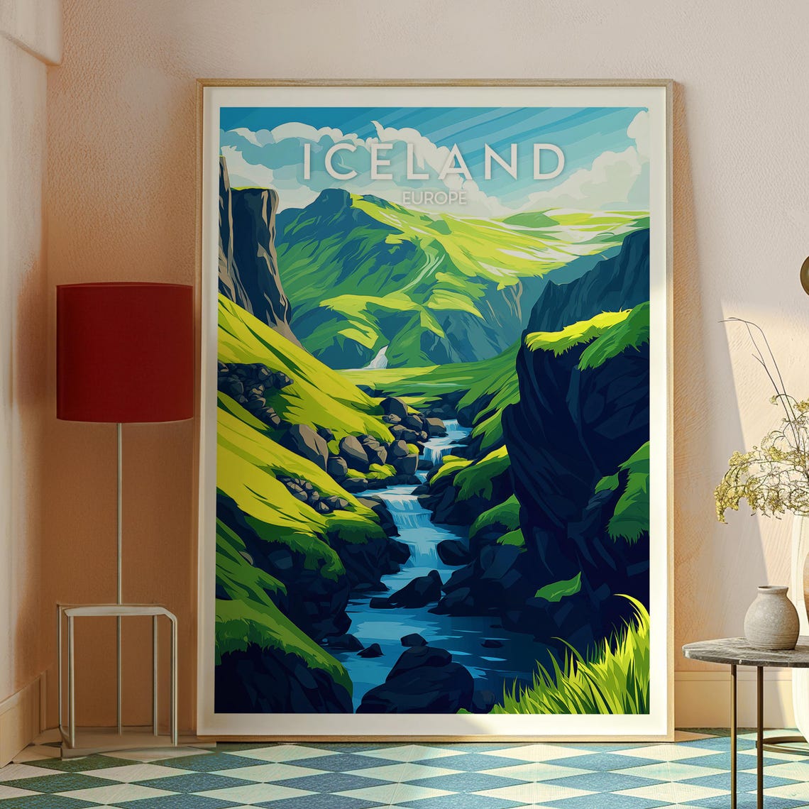 Iceland Europe Green Gorge Waterfall Stream Vintage Poster Style - Image 3