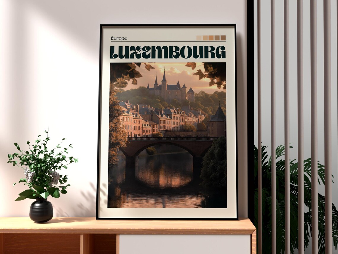 Luxembourg Europe Fairytale Castle Old Town Bridge Sunset Travel Poster