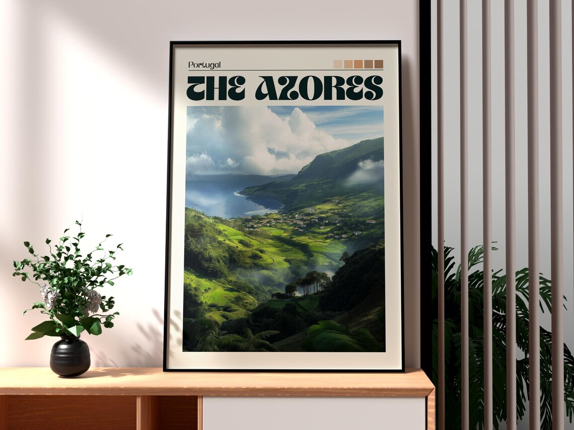 The Azores Portugal Green Valley Coast Mist Retro Travel Poster