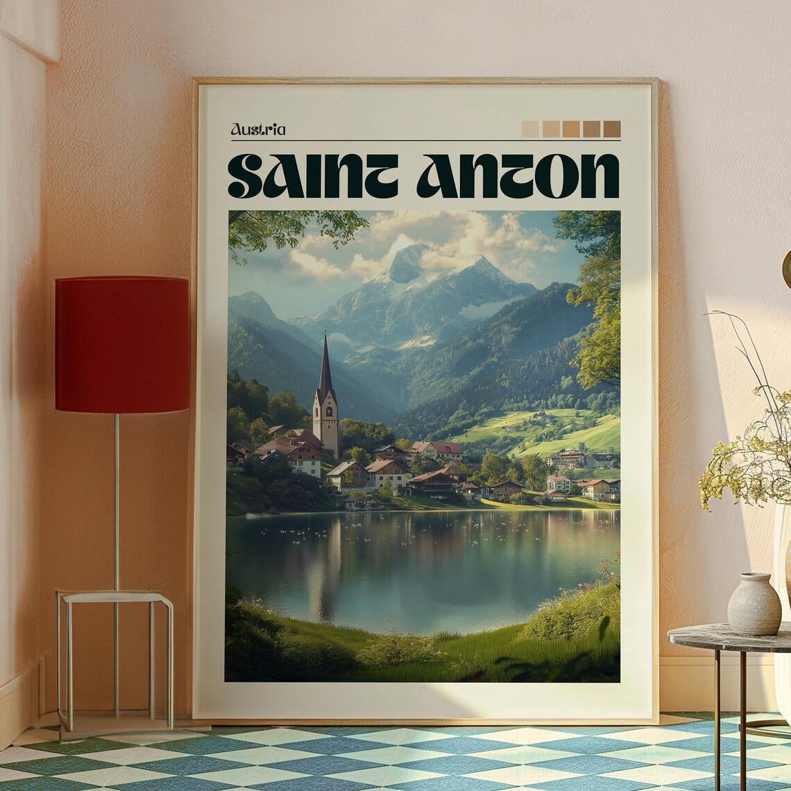 Saint Anton Austria Lakeside Church Alpine Village Vintage Travel Poster - Image 2