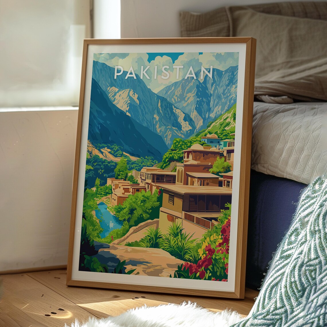 Pakistan Northern Valley Terraced Village River Peaks Travel Poster - Image 3
