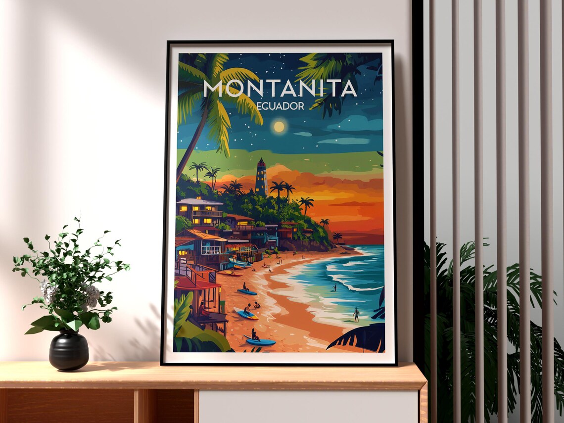 Montanita Ecuador Starry Night Surf Beach Palm Town Travel Poster