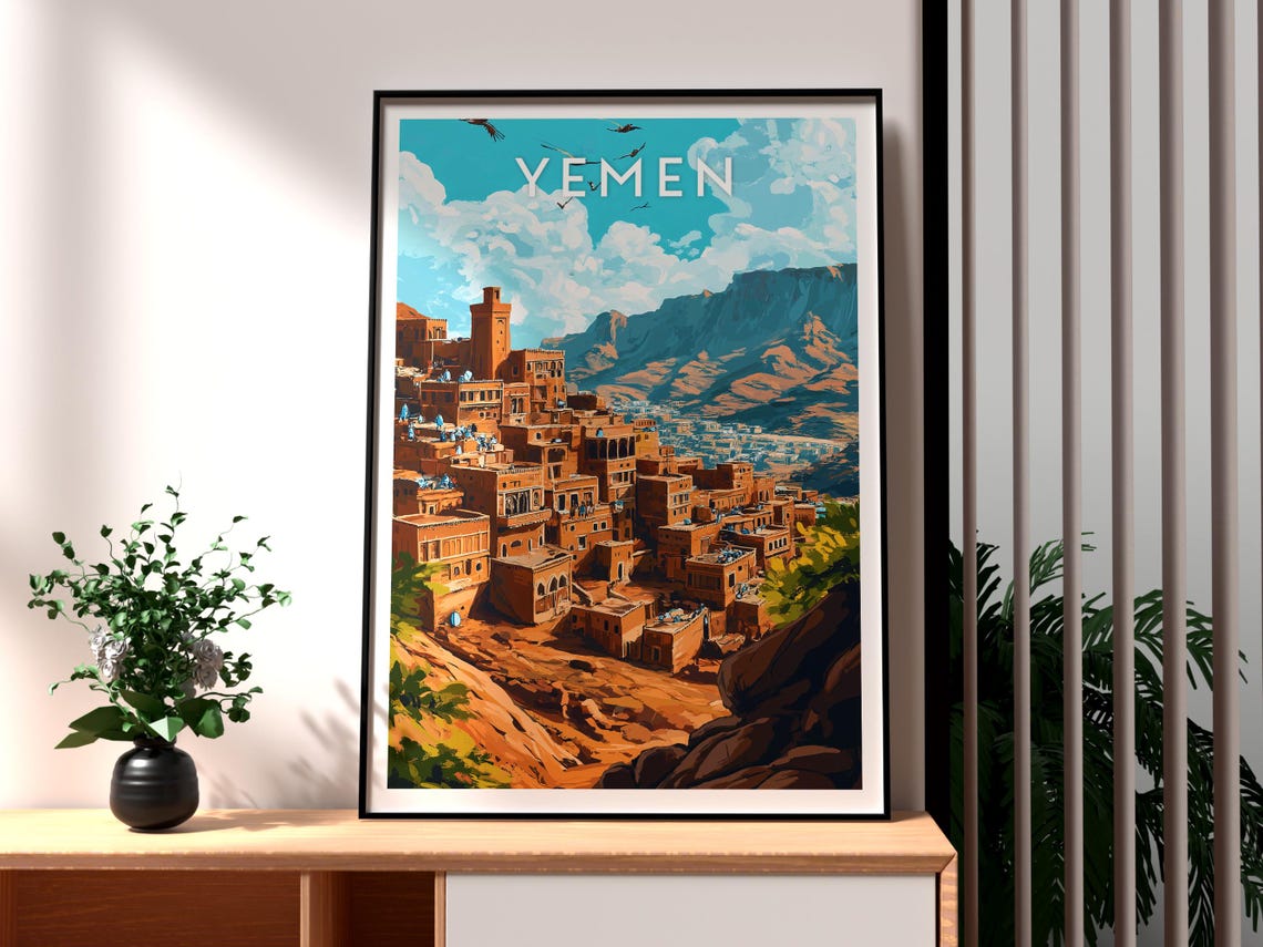 Yemen Historic Mountain Village Ancient Stone Towers Scenery Poster