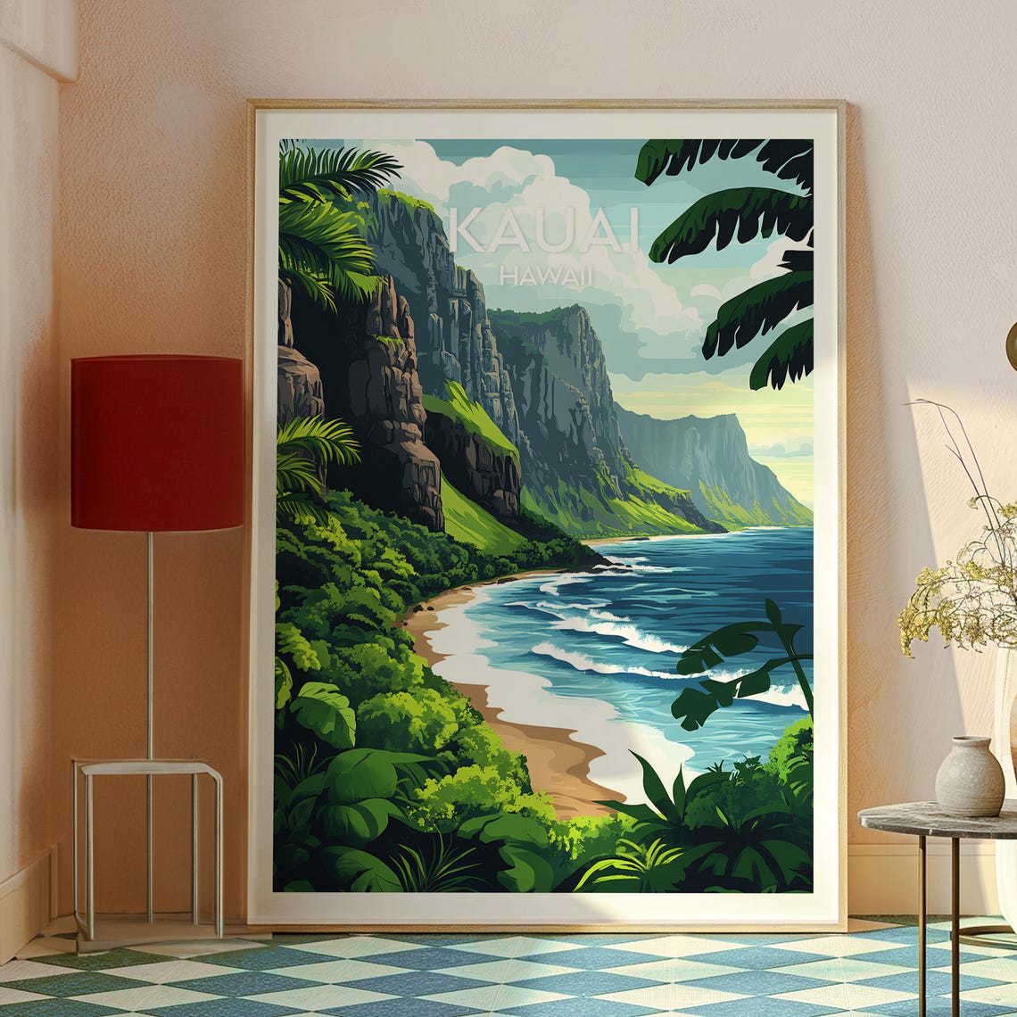 Kauai Hawaii Na Pali Style Cliffs Ocean Beach Illustration Poster - Image 2
