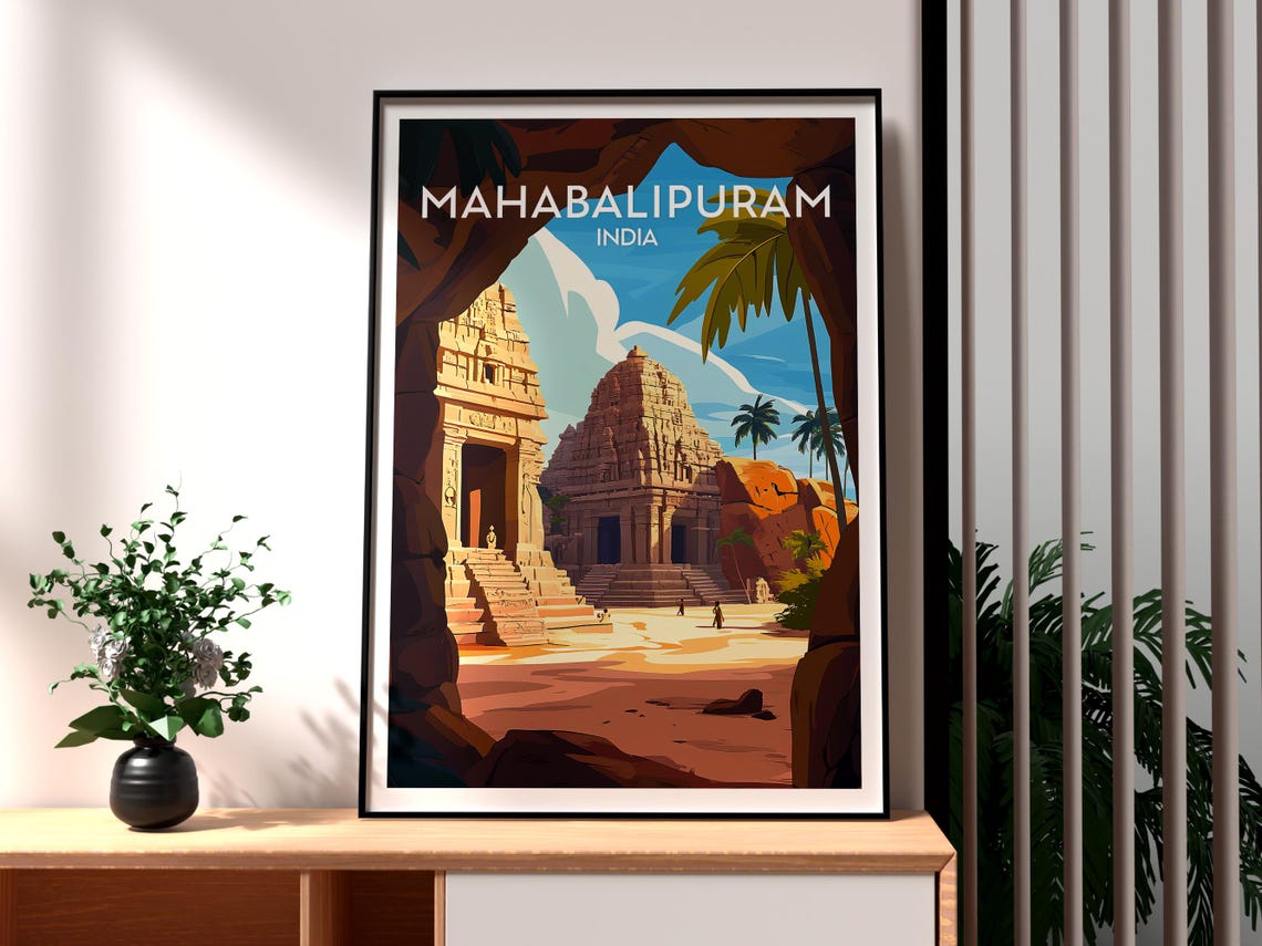 Mahabalipuram India Rock Cut Temples Shore Coastline Travel Poster