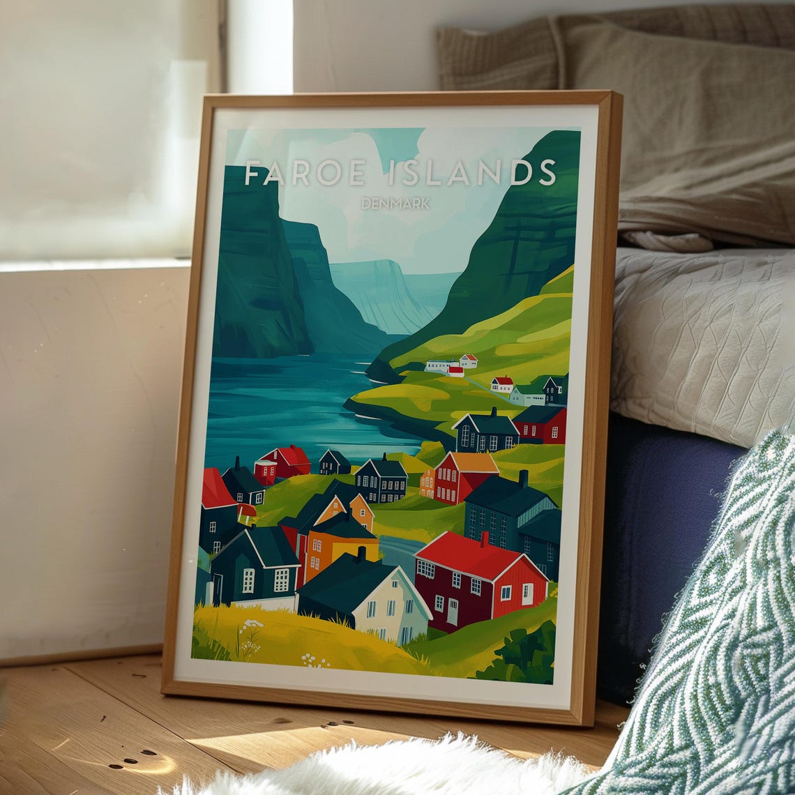 Faroe Islands Denmark Fjord Village Green Cliffs Travel Poster - Image 3
