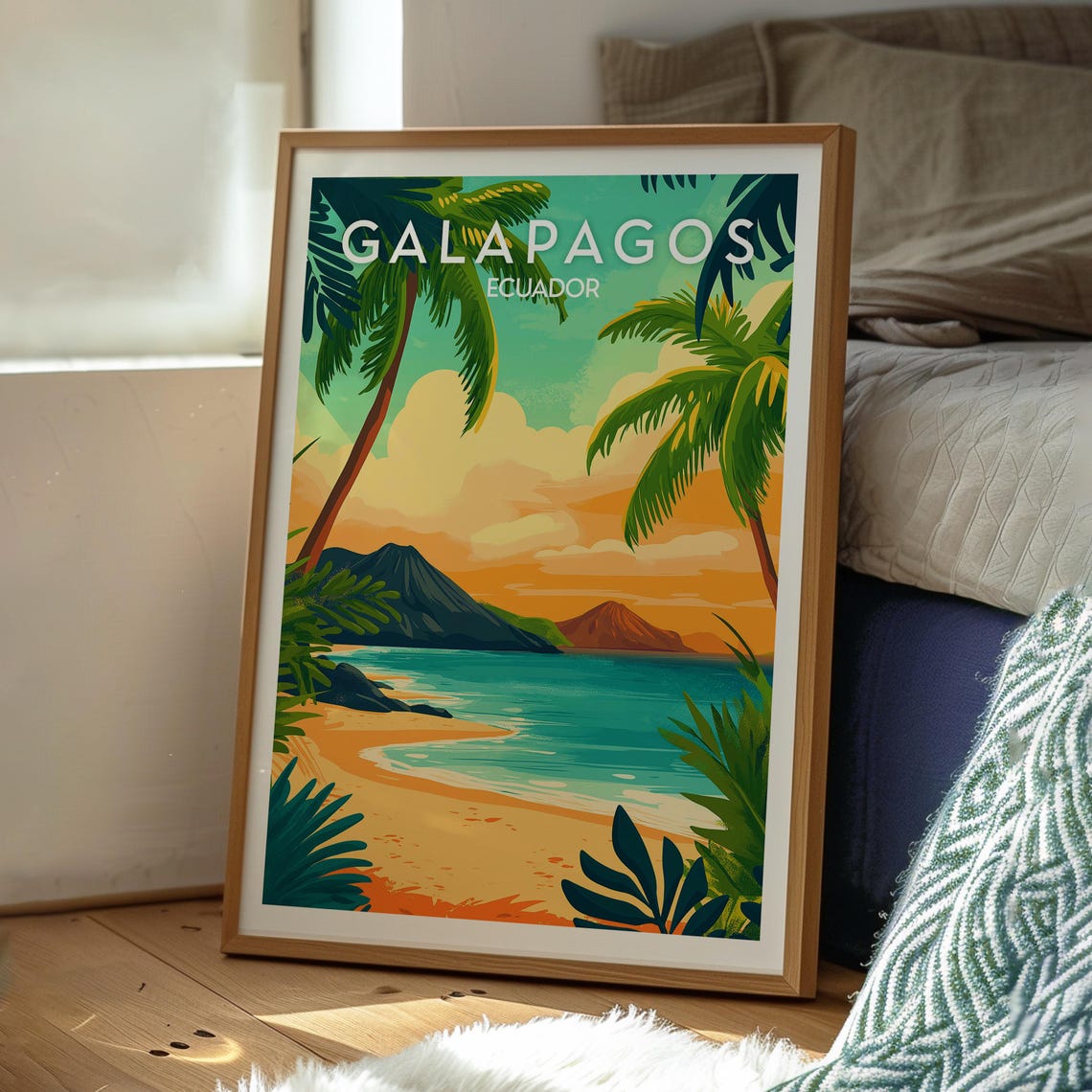 Galapagos Ecuador Tropical Sunset Beach With Palm Trees Poster - Image 3