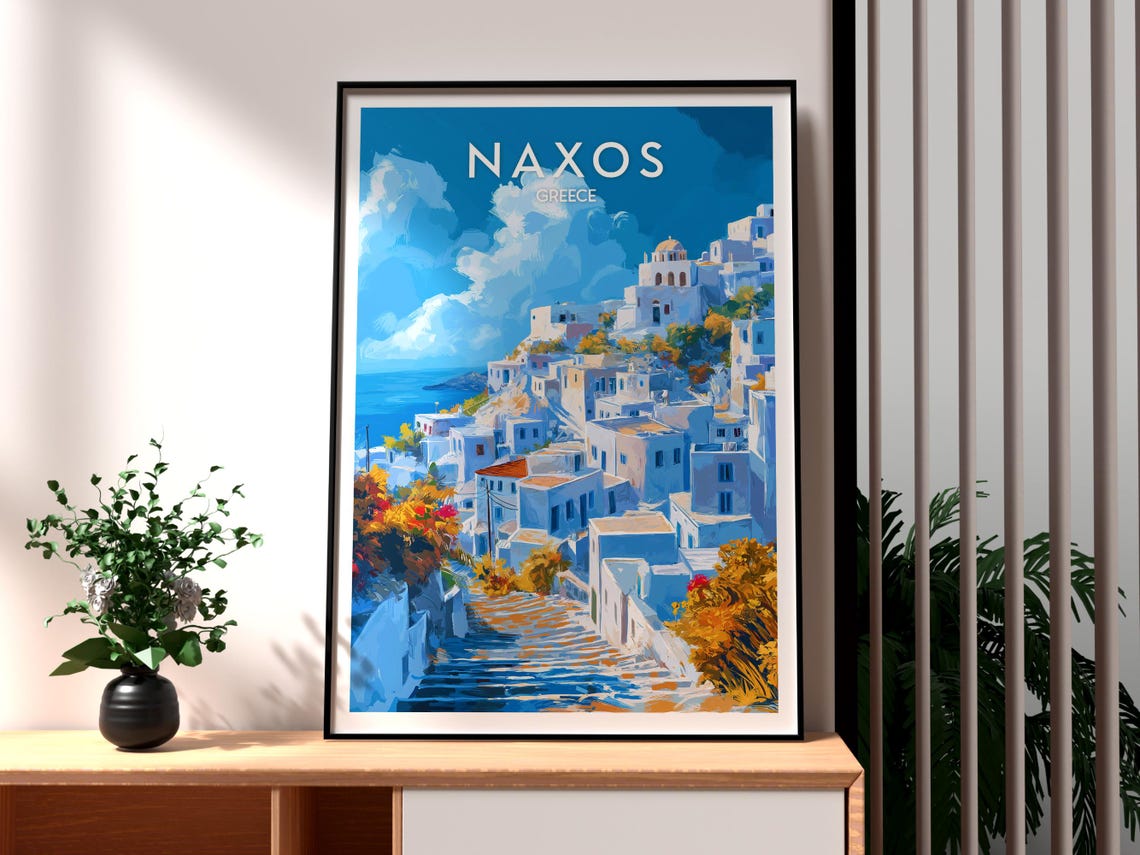 Naxos Greece Whitewashed Hillside Village Stone Steps Travel Poster