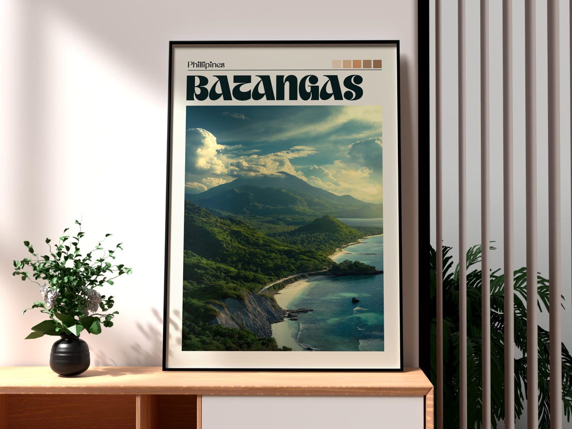 Batangas Philippines Coastal Mountain Bay Sunset Travel Art Poster
