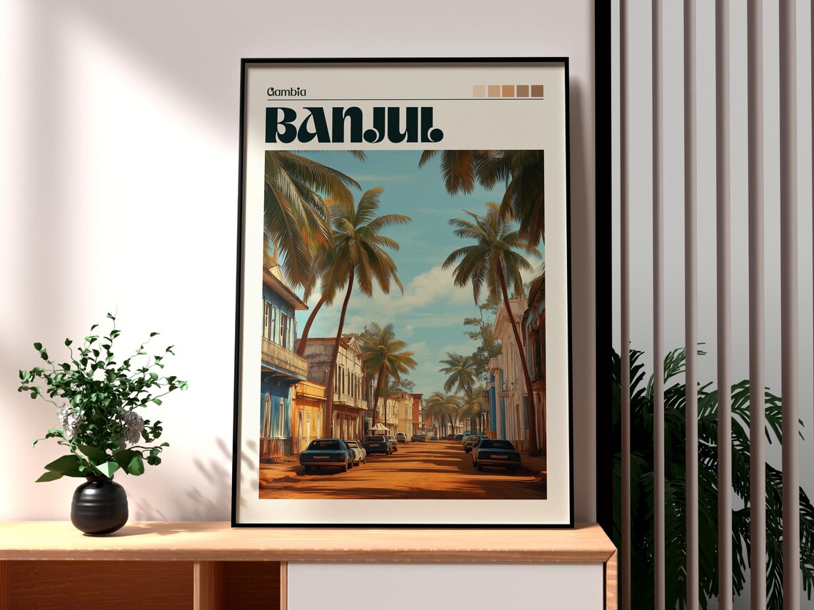 Banjul Gambia Palm Lined Colonial Street Retro Travel Poster