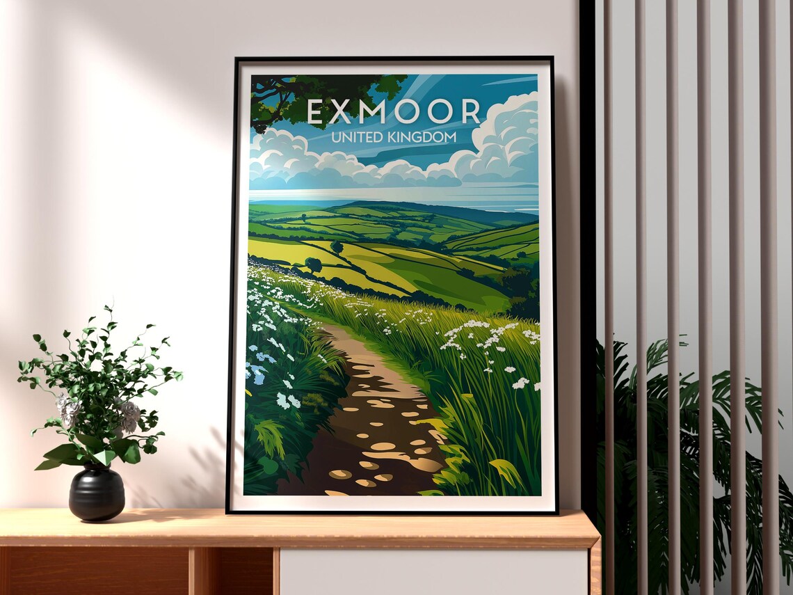 Exmoor England Green Valley Walking Path Wildflowers Hills Travel Poster