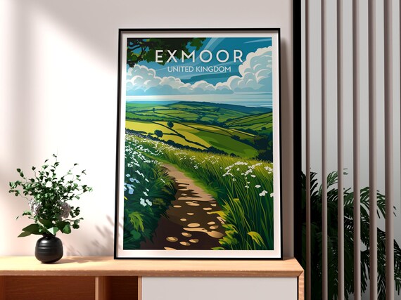 Exmoor England Green Valley Walking Path Wildflowers Hills Travel Poster