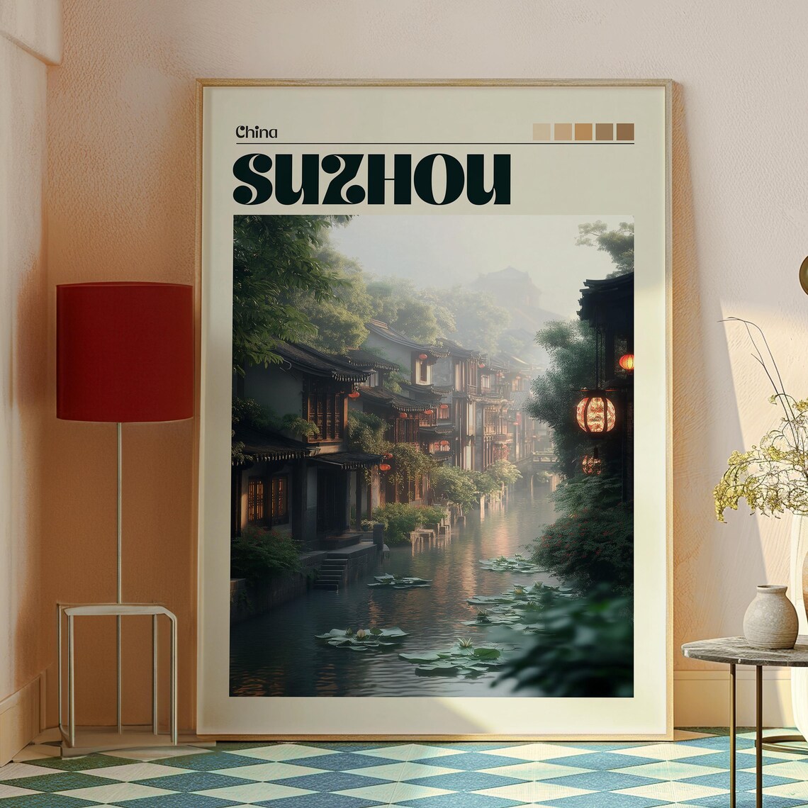 Suzhou China Ancient Canal Water Town Lanterns Lily Pads Travel Poster - Image 2