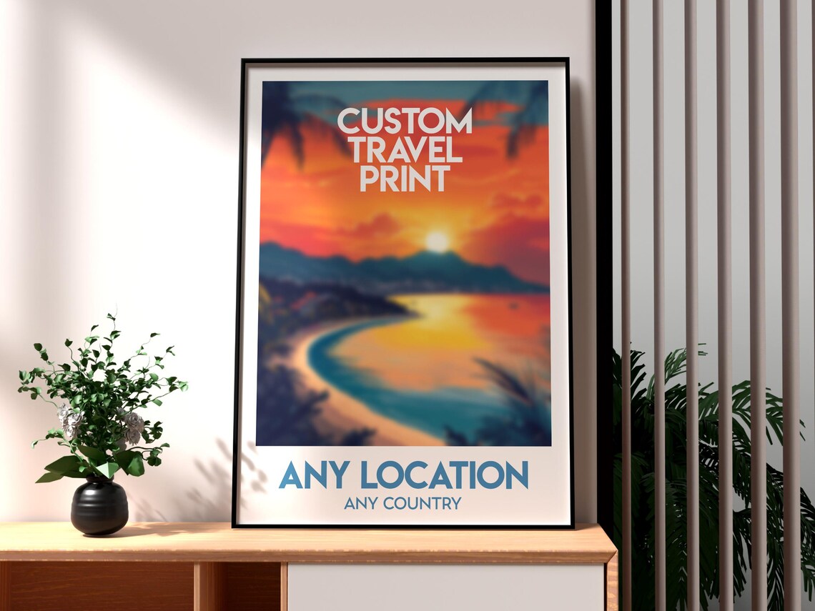 Personalized Custom Sunset Beach Travel Poster Any Location Gift Artwork