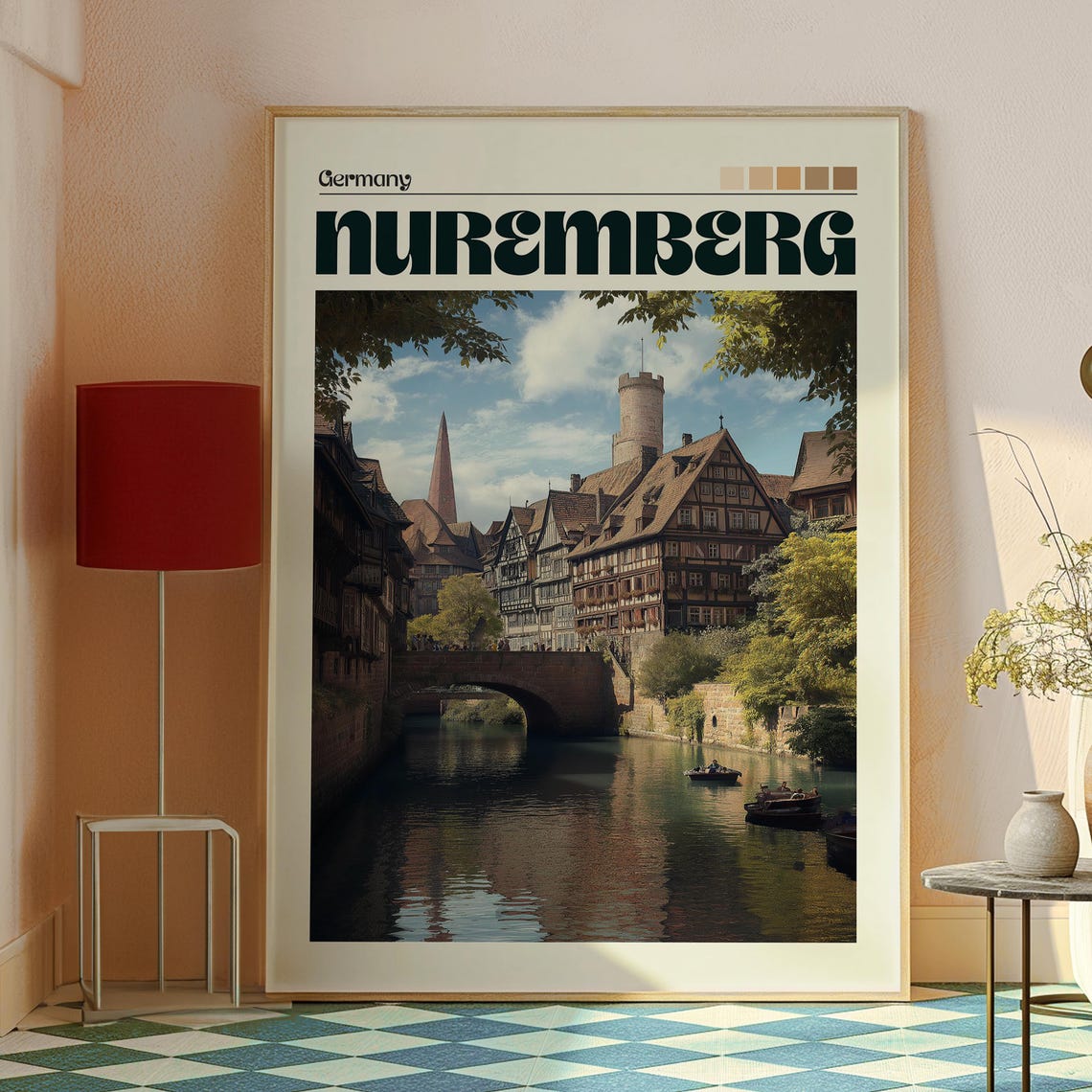 Nuremberg Germany Historic Old Town Canal Bridge Travel Poster - Image 2