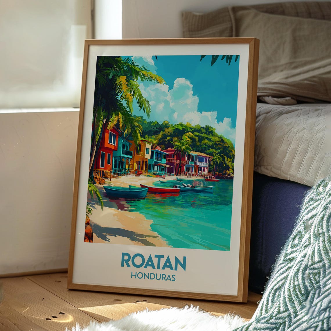 Roatan Honduras Caribbean Beach Houses Boats Tropical Poster - Image 3