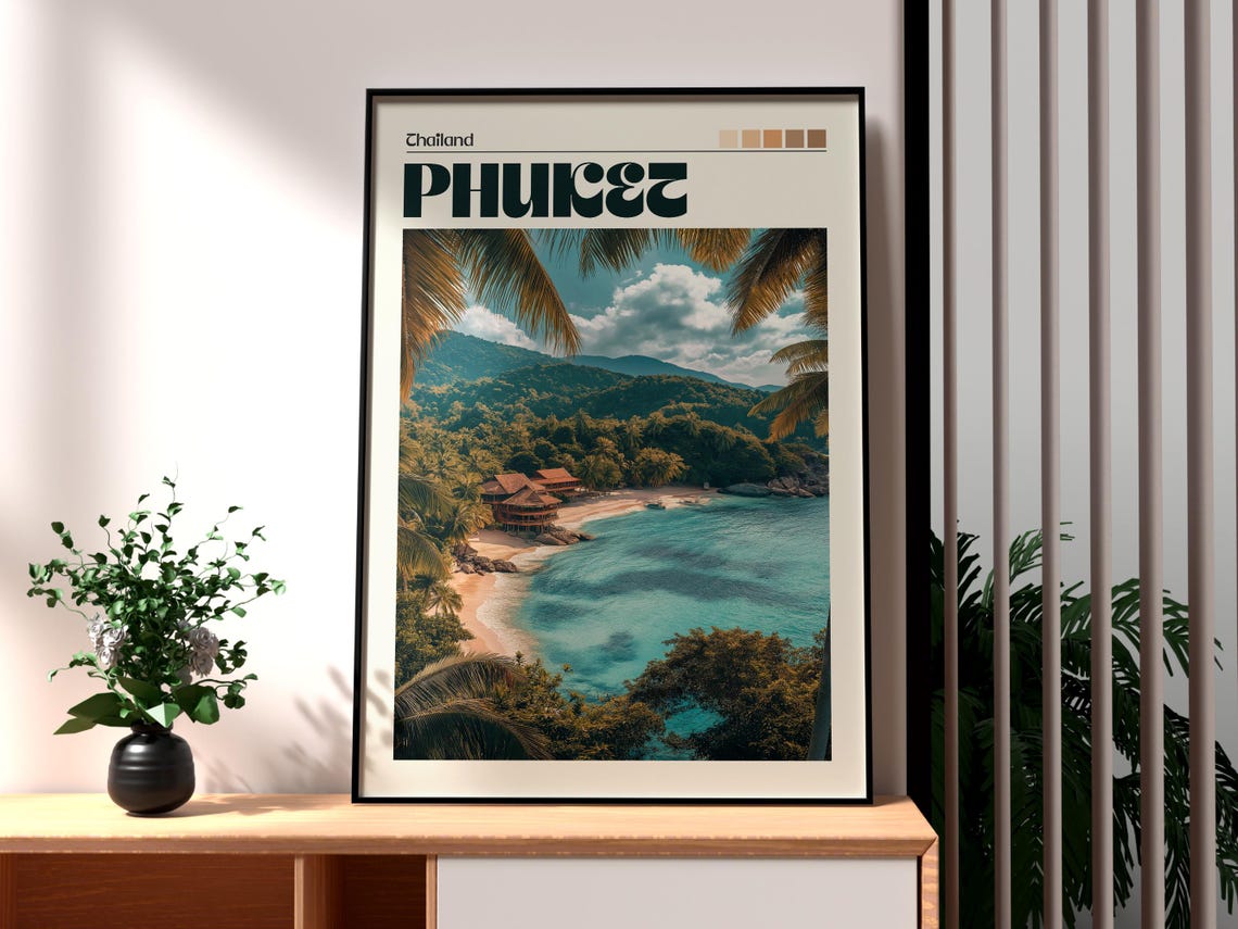 Phuket Thailand Turquoise Cove Beach Huts Island Travel Poster