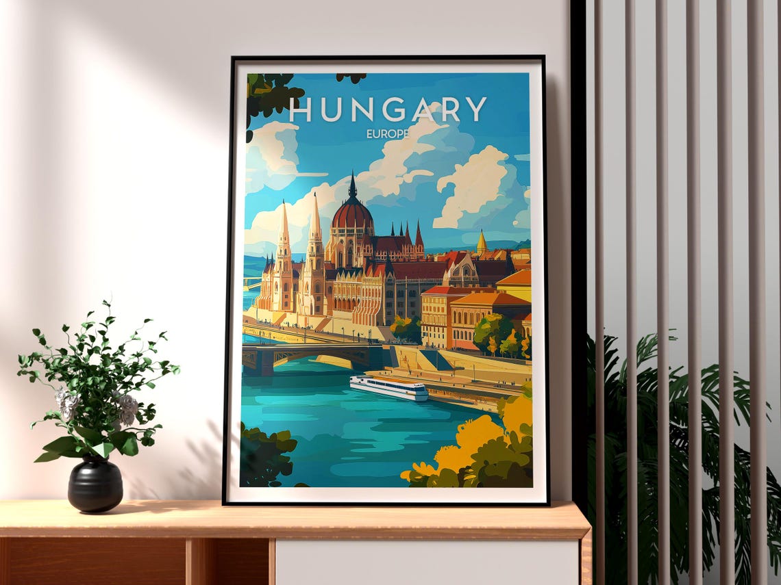 Hungary Europe Budapest Parliament Danube Riverfront Travel Poster