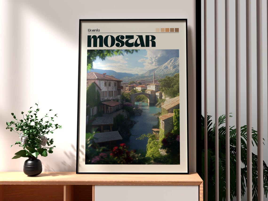 Mostar Bosnia Stari Most Bridge Neretva River Old Town Travel Poster