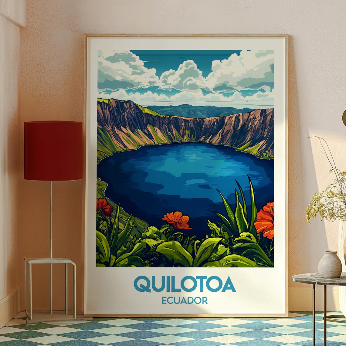Quilotoa Ecuador Blue Crater Lake Wildflowers Retro Travel Poster - Image 2