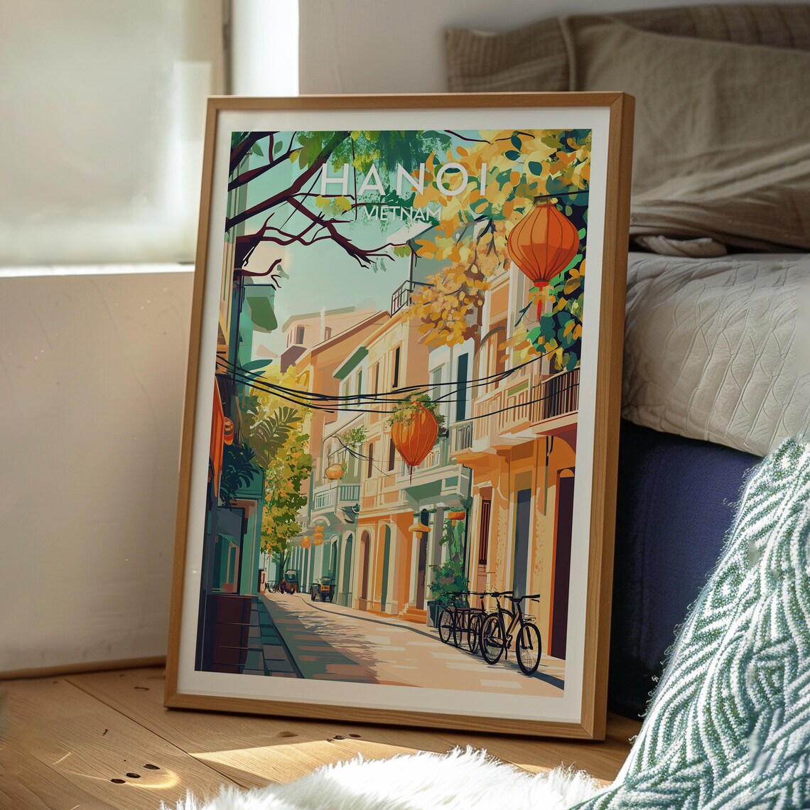 Hanoi Vietnam Old Quarter Charming Street Lanterns Bicycles Scene Poster - Image 3