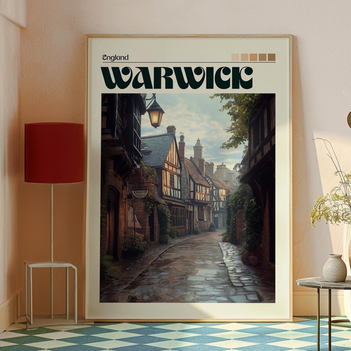Warwick England Historic Tudor Street Old Town Vintage Travel Poster - Image 2
