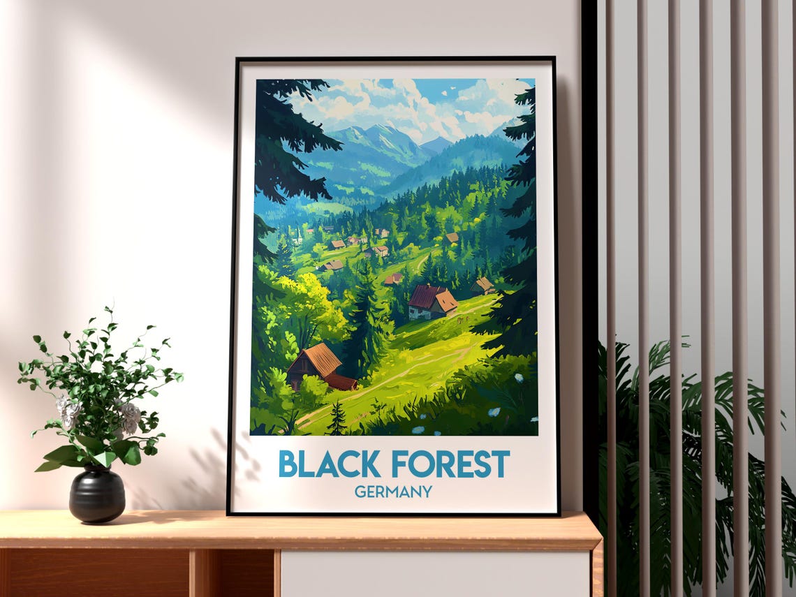 Black Forest Germany Green Valley Cabins Mountain Travel Poster