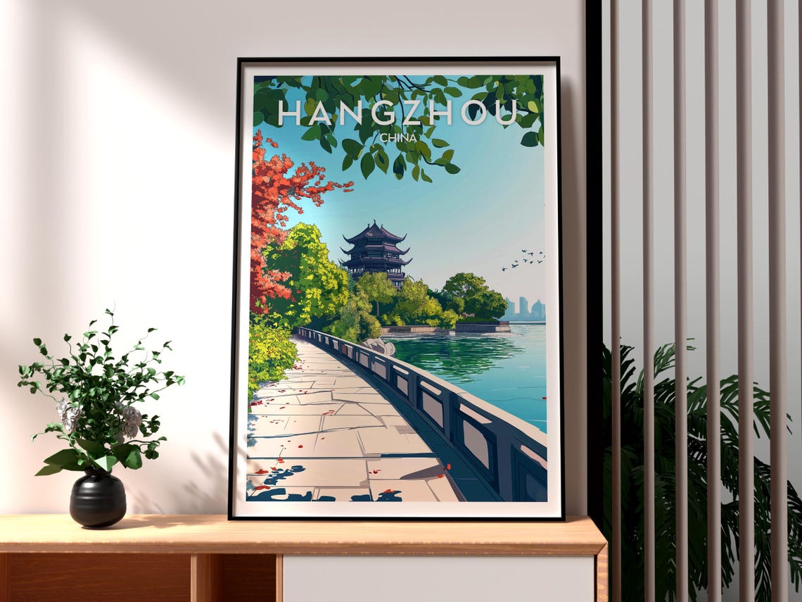 Hangzhou China West Lake Pagoda Causeway Autumn Travel Poster