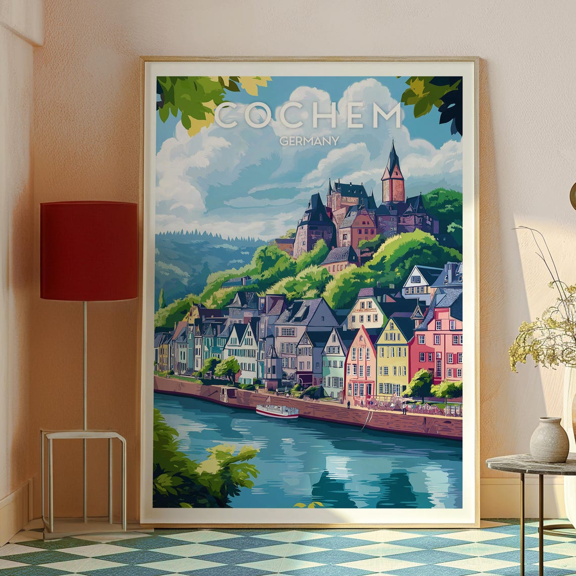 Retro Cochem Germany Hilltop Castle River Village Travel Poster - Image 2