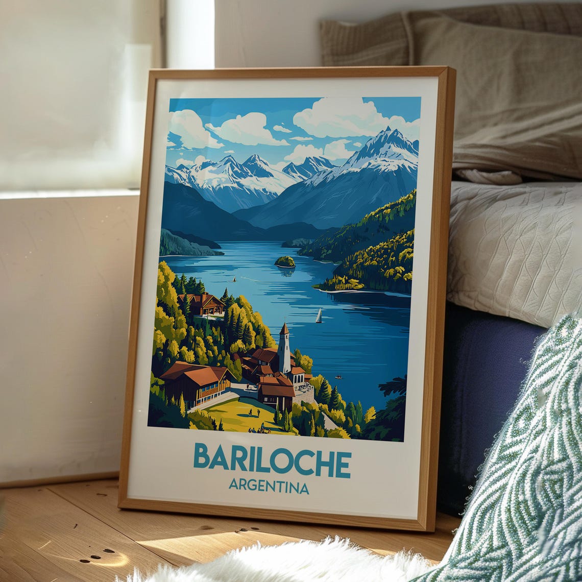 Bariloche Argentina Mountain Andean Lake Snow Peaks and Lodge Poster - Image 3