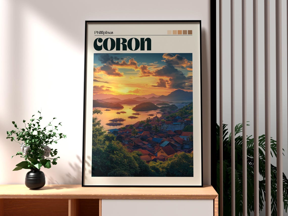Coron Philippines Sunset Bay Over Tropical Town Travel Poster