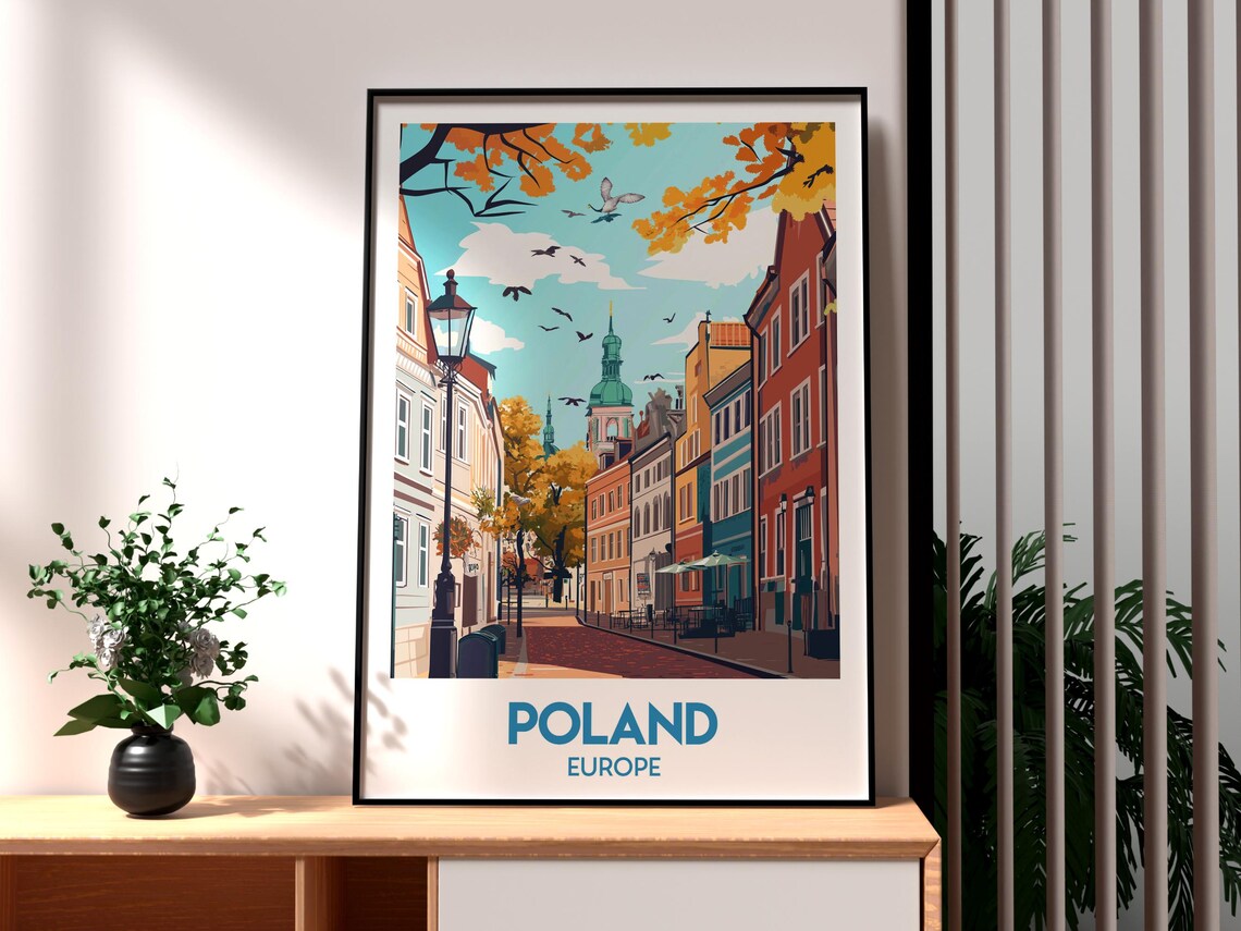 Poland Europe Historic Old Town Autumn Foliage Street Travel Poster