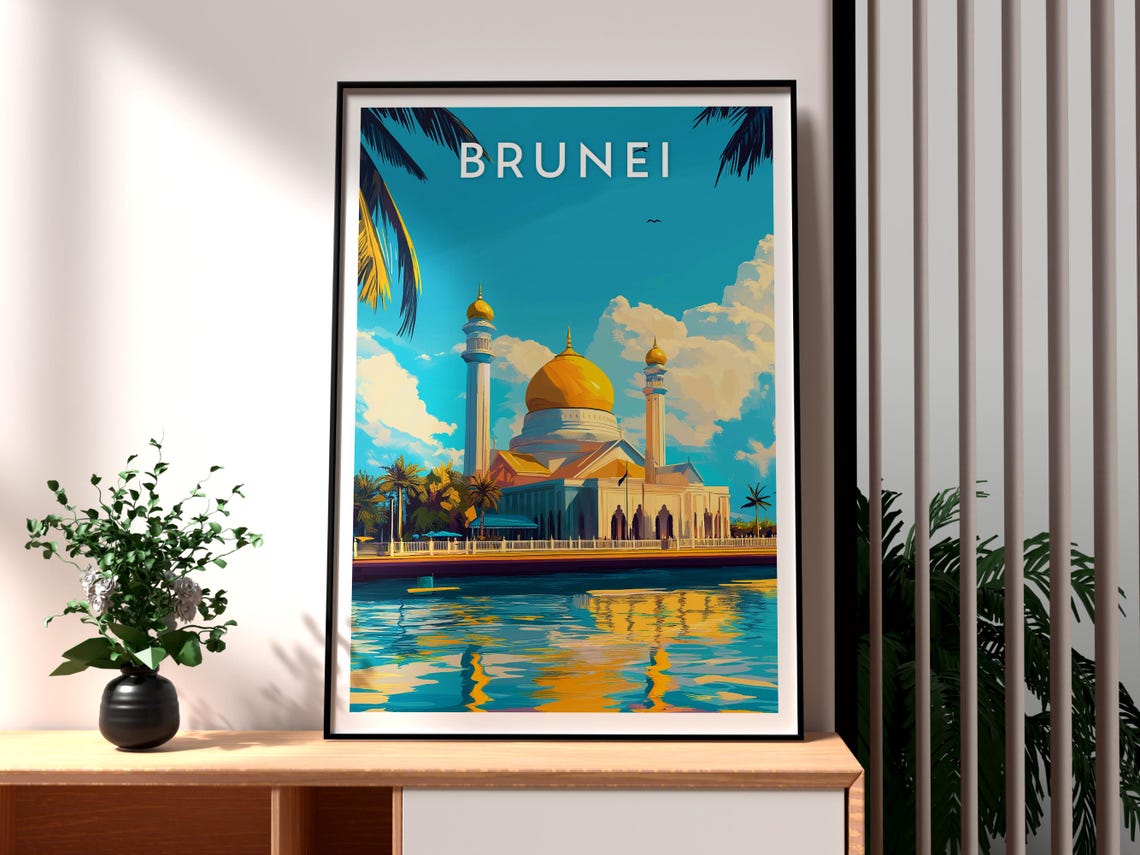 Brunei Golden Dome Mosque Waterfront Reflection Travel Poster