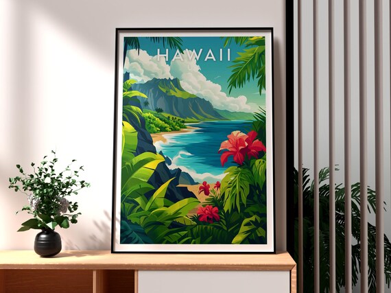 Hawaii Tropical Ocean Cove Hibiscus Jungle Flowers Travel Poster