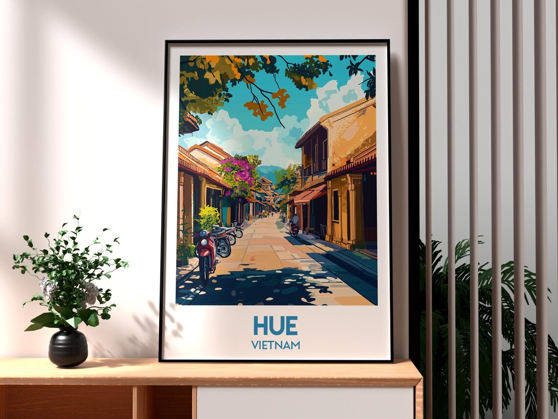 Hue Vietnam Sunlit Old Town Street Scooter Scene Vintage Poster