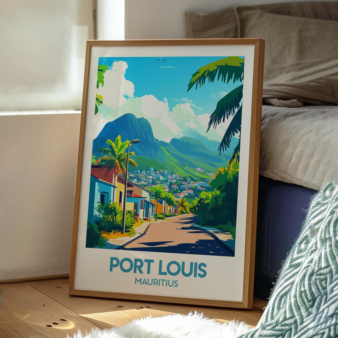 Port Louis Mauritius Sunny Mountain City Street Travel Poster - Image 3