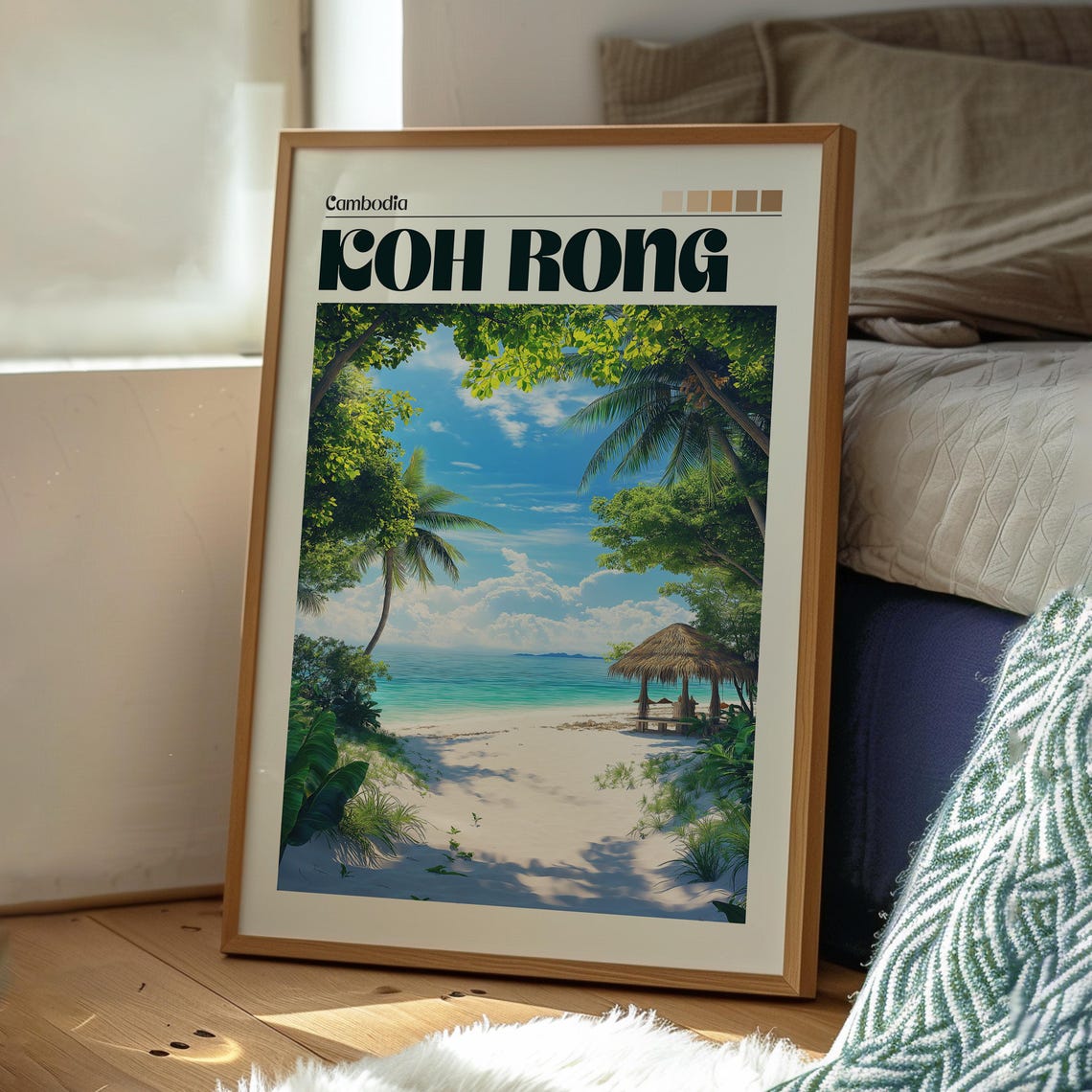 Koh Rong Cambodia Palm Beach Thatched Hut Tropical Travel Poster - Image 3
