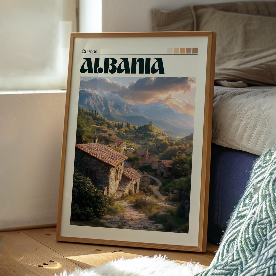Albania Europe Mountain Village Stone Houses Sunset Travel Art Poster - Image 3