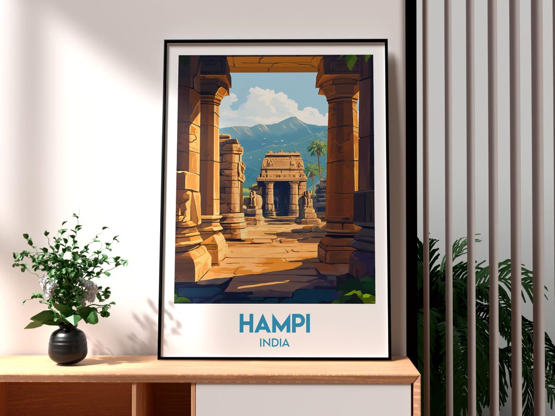 Hampi India Ancient Temple Ruins Stone Pillars Heritage Travel Poster