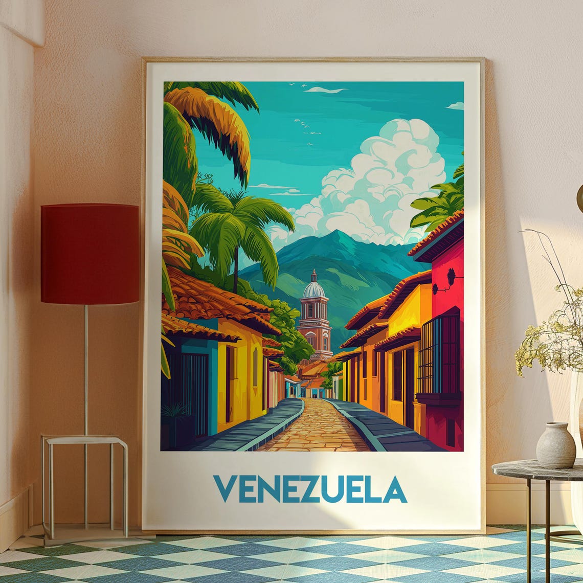 Venezuela Colonial Street Palm Trees Church Dome Mountain View Poster - Image 2