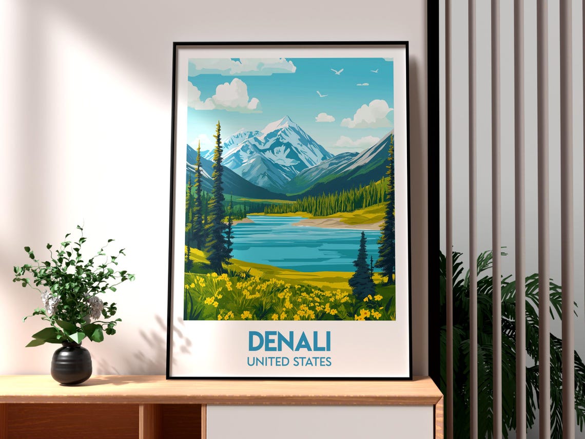 Denali Alaska Snow Capped Mountain Lake Wilderness Scene Art Poster