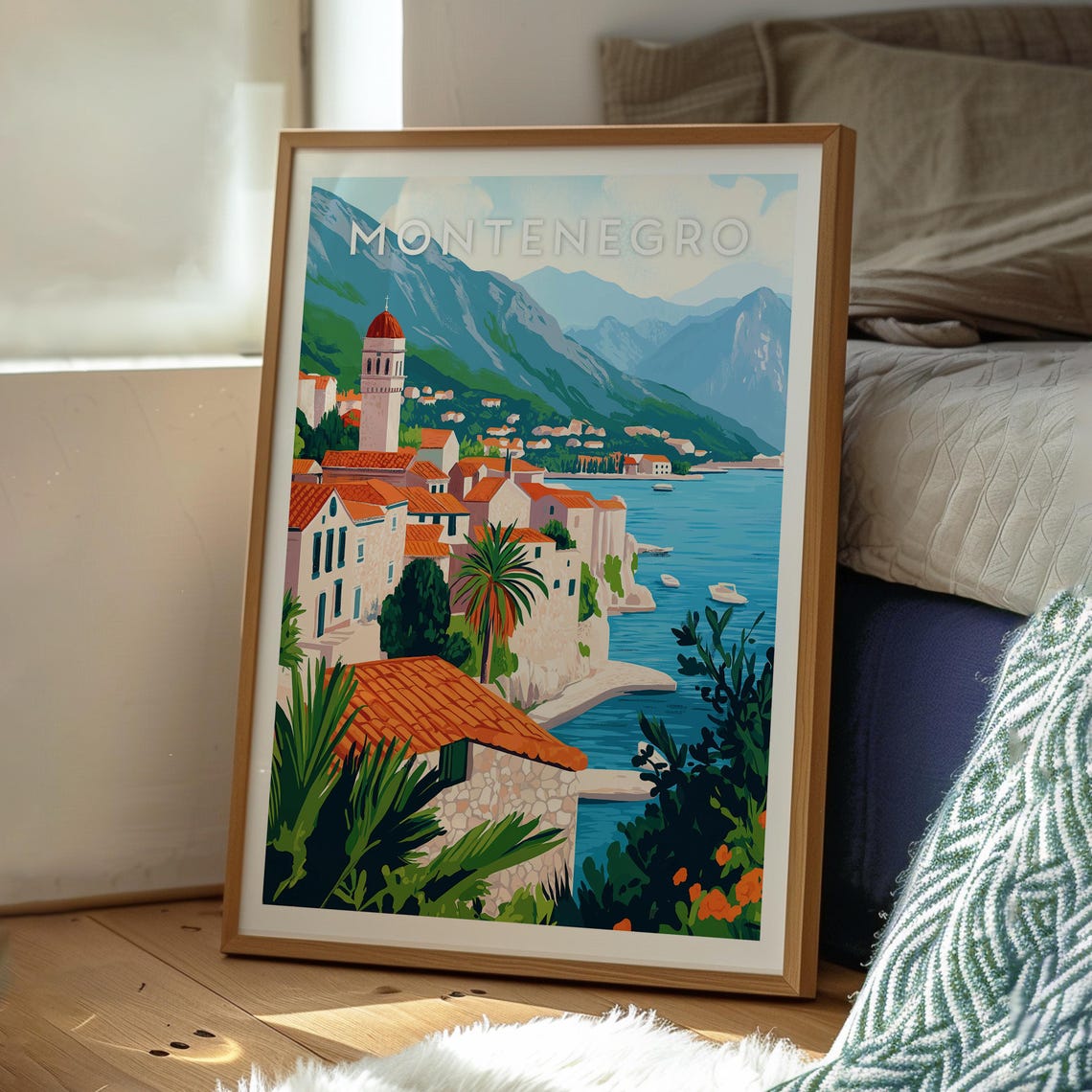 Montenegro Adriatic Coastal Old Town Bell Tower Bay Travel Poster - Image 3