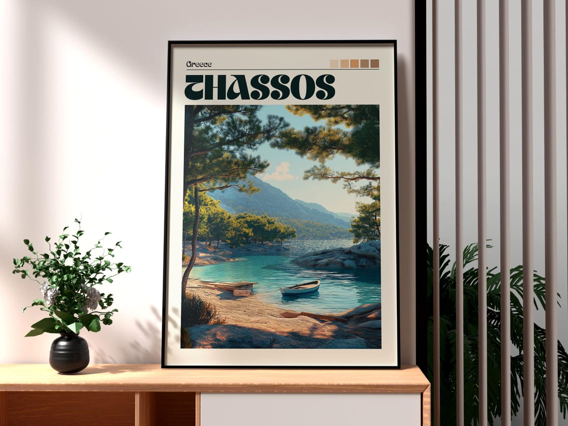 Thassos Greece Pine Cove Turquoise Sea Boat Retro Travel Poster