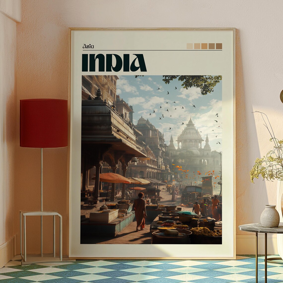 India Sacred Ghats Temples Morning Market Street Travel Poster - Image 2