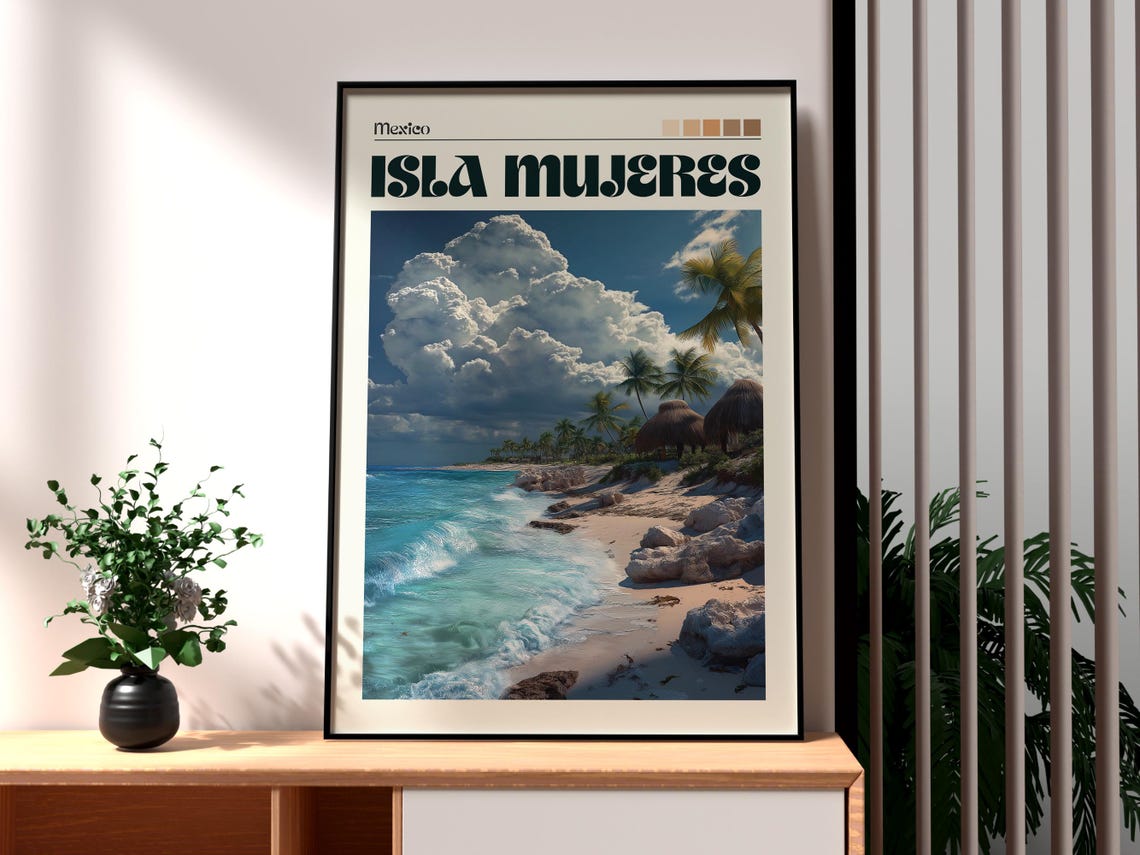 Isla Mujeres Mexico Turquoise Beach Palapa Clouds Travel Poster